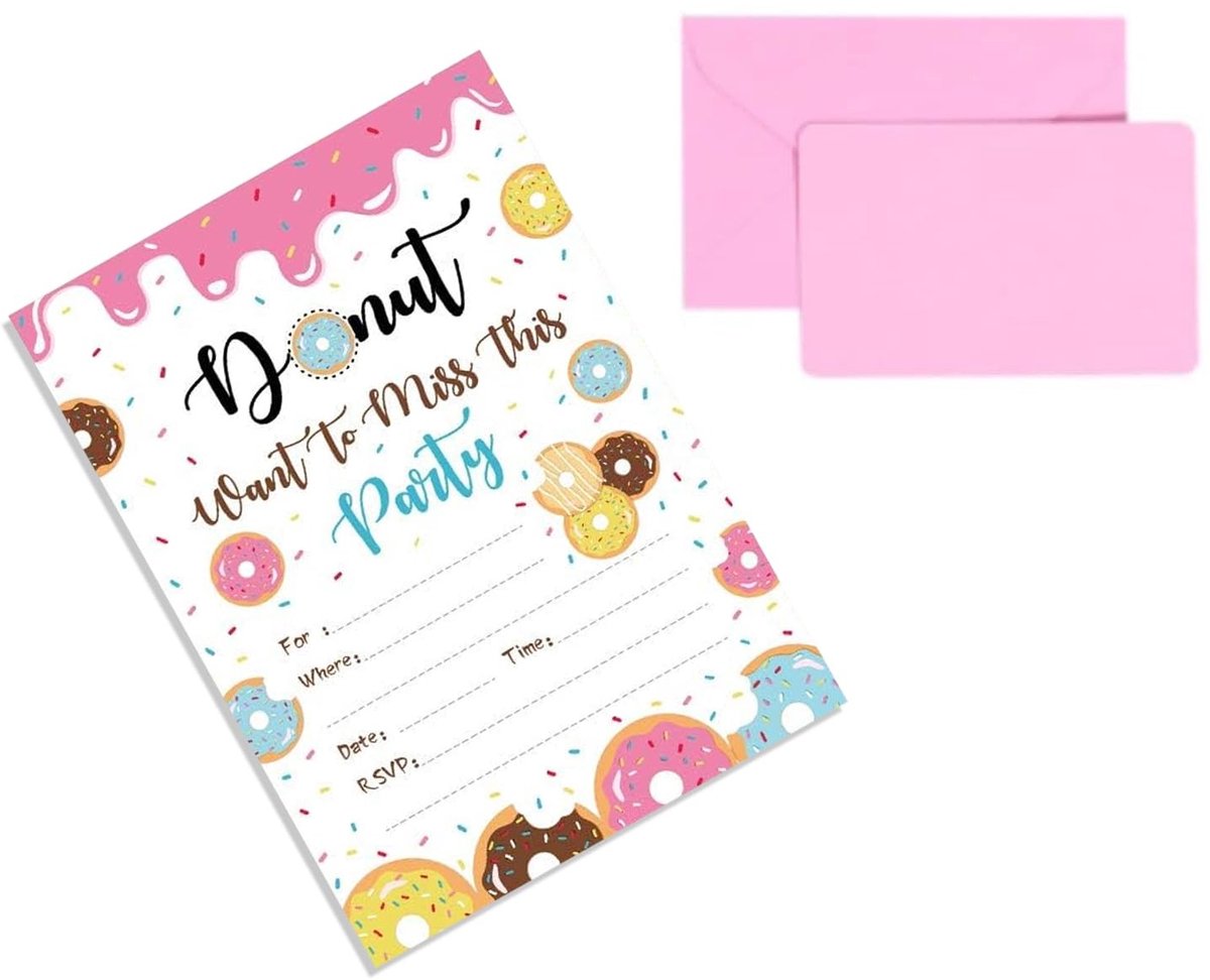 Dailygoods- Uitnodigingskaarten Donut - 12 Stuks - Uitnodiging Kinderfeestje - Feest - Inschrijving - Regenboogkleuren - Ideaal voor Meisje/Jongen - Feestuitnodigingen