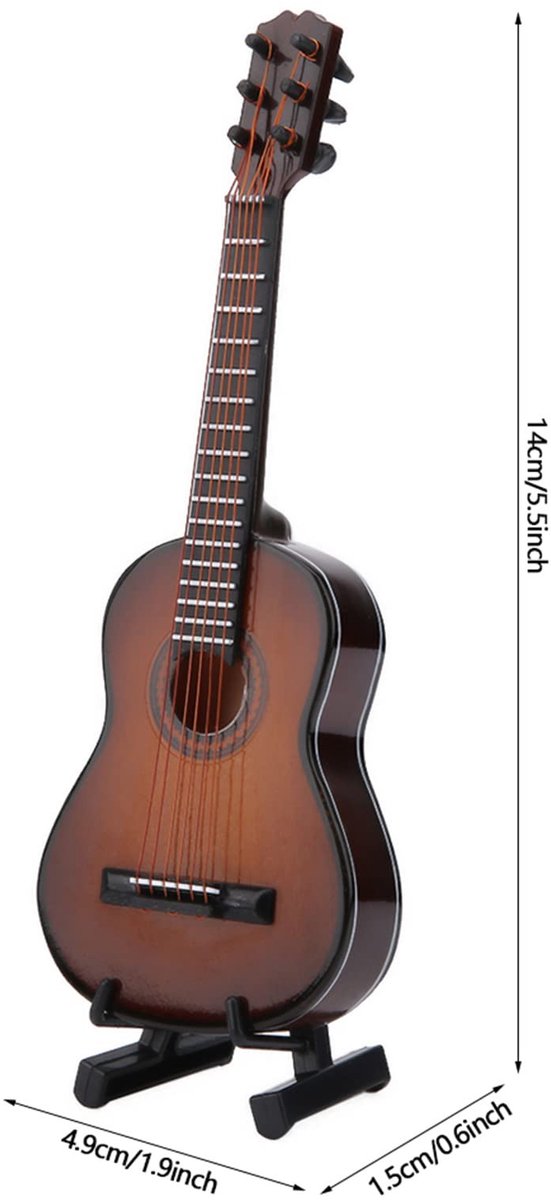 Dailygoods- Miniatuur Gitaar 14 cm - Houten Decoratie - Muziekinstrument - Poppenhuis Ornament - Cadeau - Inclusief Stand - Decoratieve Gitaar