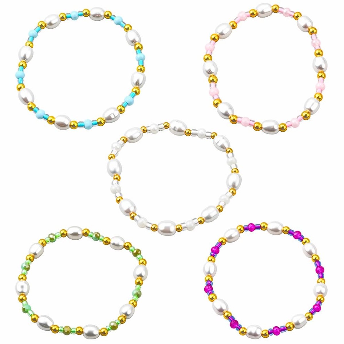Dailygoods- Parelarmband Set - 5 Stuks - Stretch Armbanden - Stapelbare Sieraden - Facetgeslepen Glaskralen - Binnendiameter 4,5 cm