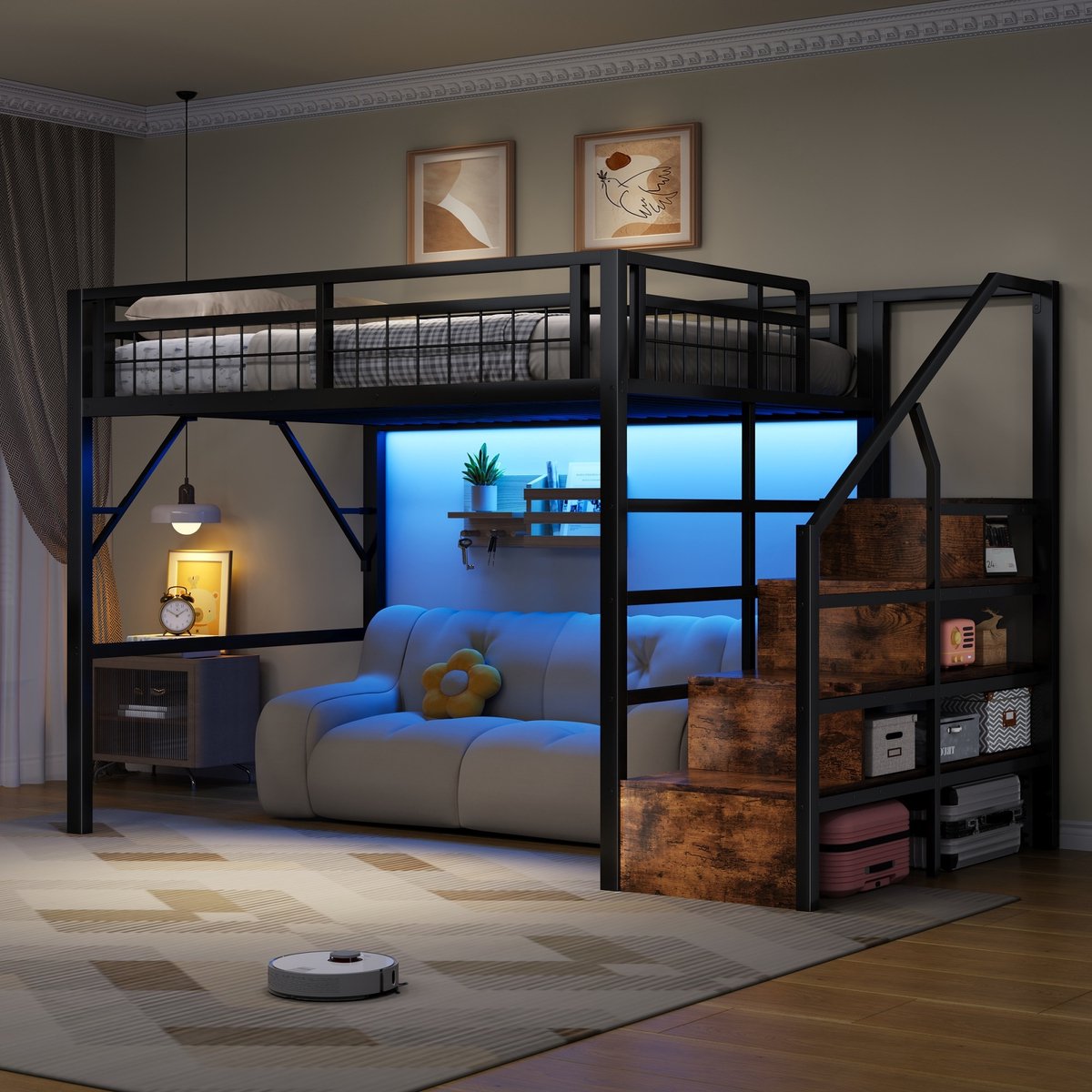 DESMIU Hoogslaper 140x200cm – Hoogslaper Met ledverlichting En Trapopbergruimte – Ruimte Onder Het Bed Voor Kinderslaapkamer – Metaal En MDF – Zwart – Zonder matras