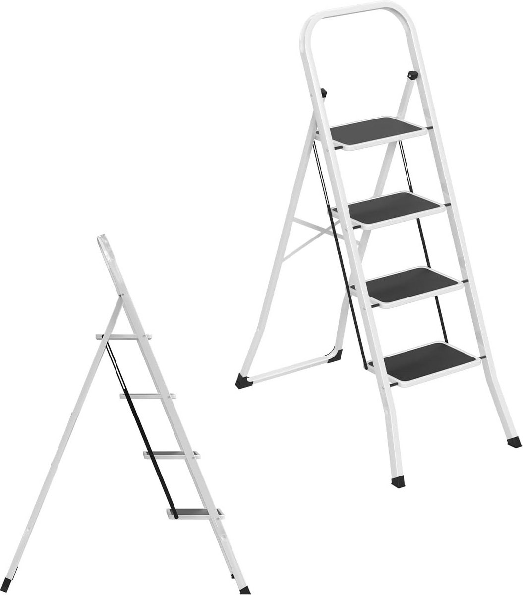 Opvouwbare Ladder - Stevig Trapladder - Klusjes Binnen - Extra Brede Treden - 150 kg Draaglast - Zwart Wit