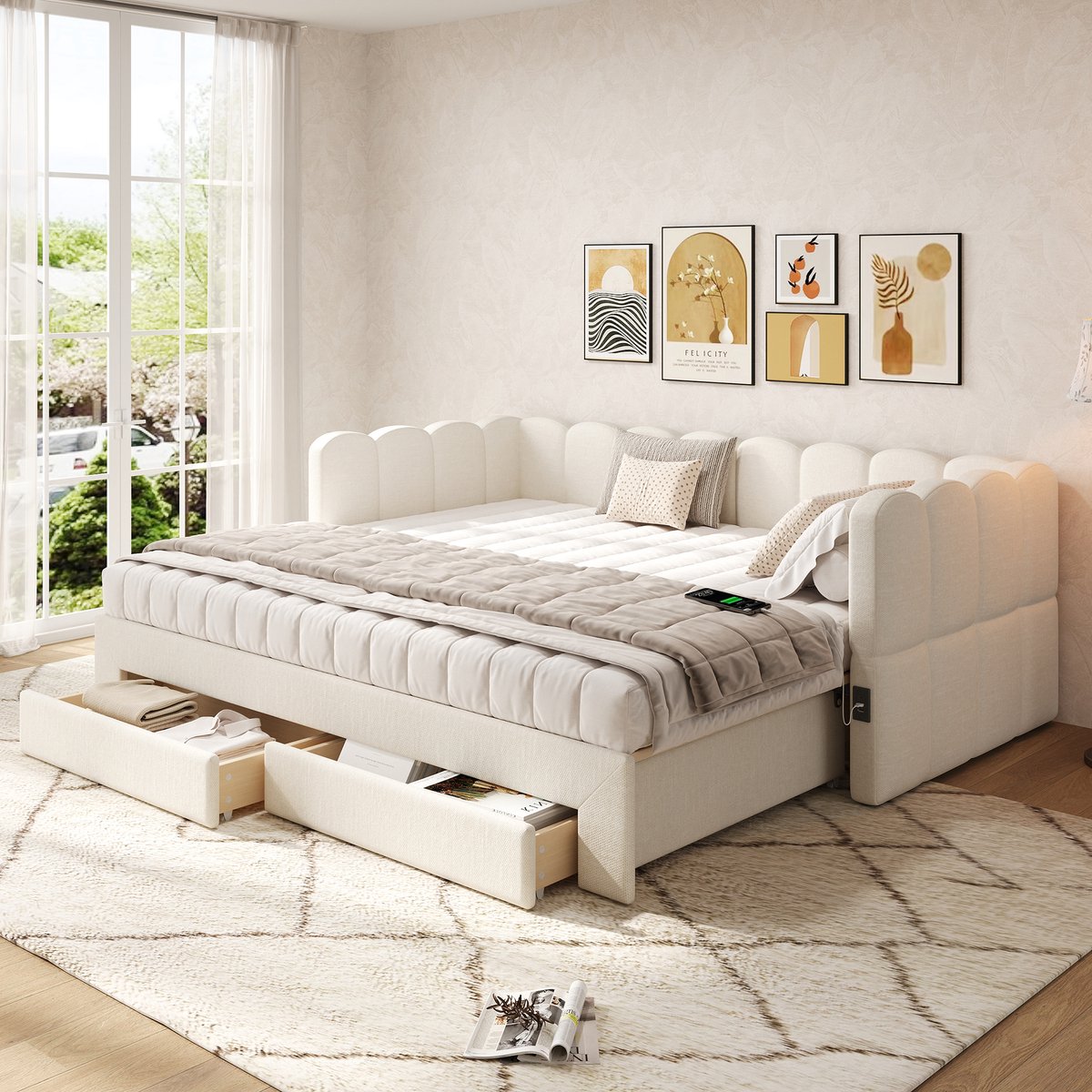 DESMIU Daybed 90x190cm – Uitschuifbaar Tot 180x190cm Met Usb En Usb C Oplaadpoorten – Met 2 Lades – Voor Logeer En Jeugdkamer – Linnen – Beige – Zonder Matras