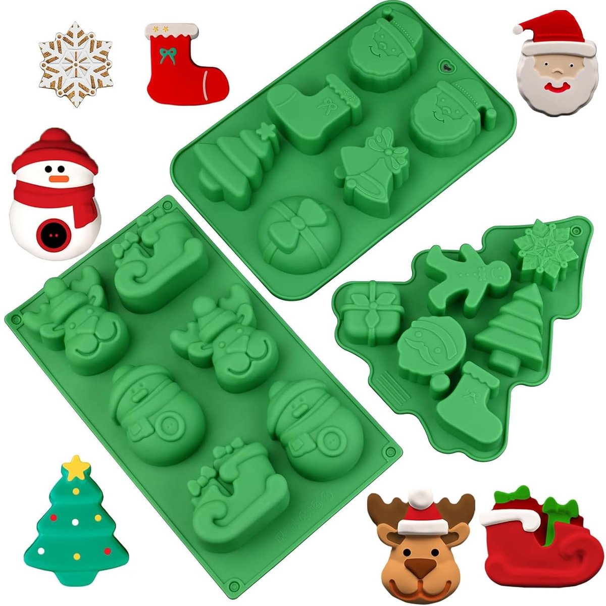Dailygoods- Siliconen Kerstvormen - 3 Verpakkingen - Kerstboom/Kerstman - Snoepvorm/Pudding - IJsblokjes/Zeep - Taartdecoratie - Groen - Siliconen Molds