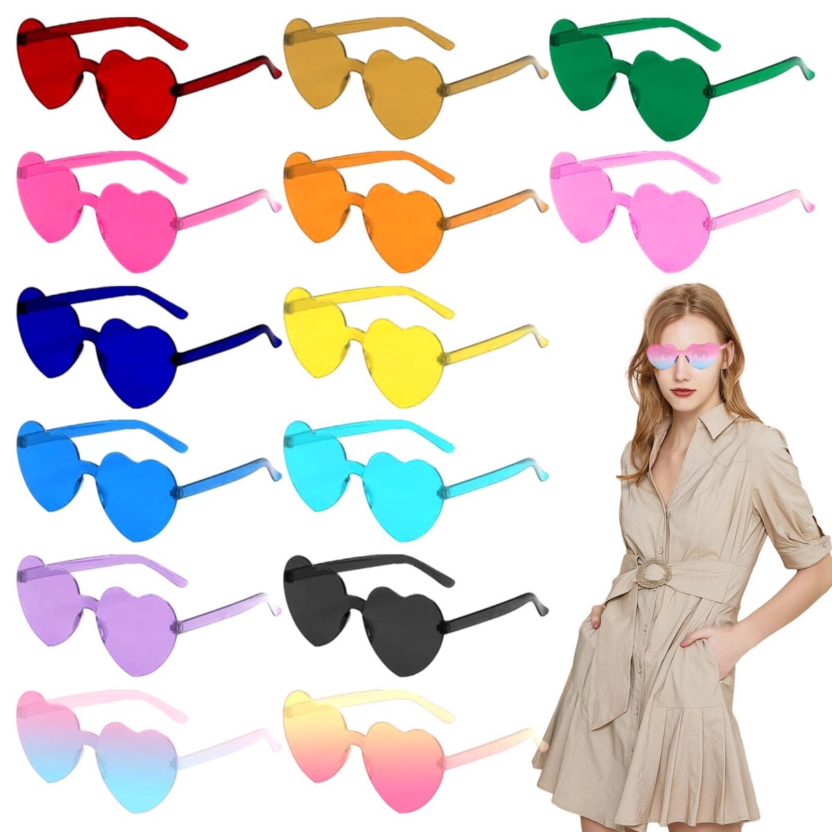 Dailygoods- Hartvormige Zonnebrillen - 14 Stuks - Feestzonnebril - Hartvormige Bril - Meerkleurig Design - Geschikt voor Alle Leeftijdsgroepen - Hoogwaardig PC-Materiaal