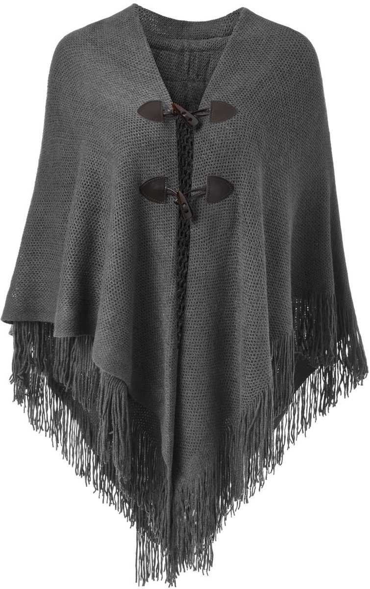 Dailygoods- Poncho Dames Luxe - Open Voorkant - Losse Pasvorm - Omzoomde Cape/Sjaal - Zachte Franjes - Hoornsluitingen