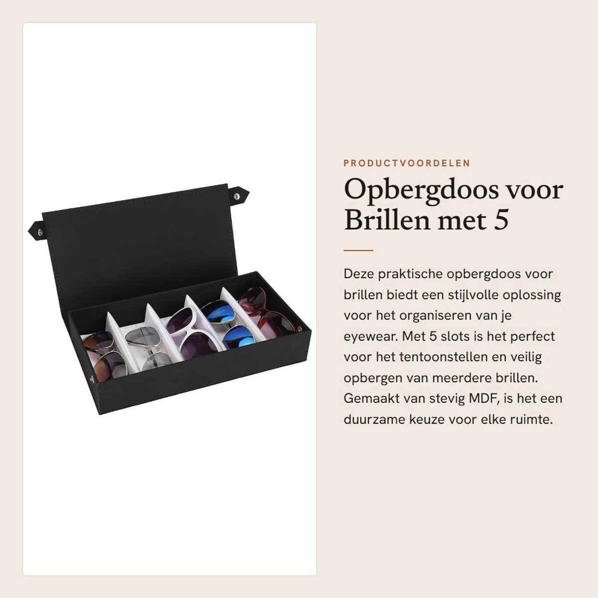 Dailygoods- Brillendoos Praktisch 5 Slots - Brillenhouder - Opbergdoos voor Glazen - Zonnebril Display - MDF - 32,3 x 17,3 x 6 cm