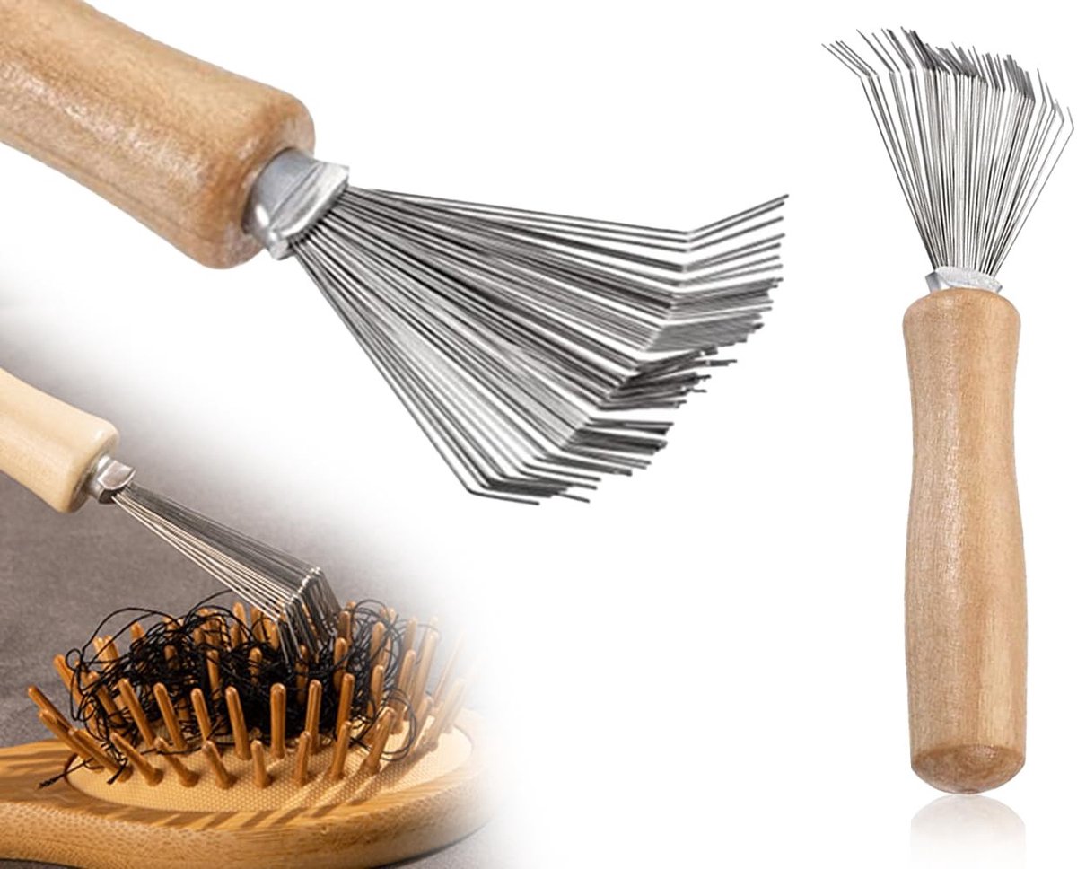 Dailygoods- Borstelreiniger met Houten Handvat - Haarborstelreiniger - Kamreiniger - Efficiënt - Hoogwaardige Kwaliteit - Gebruiksvriendelijk - Kam