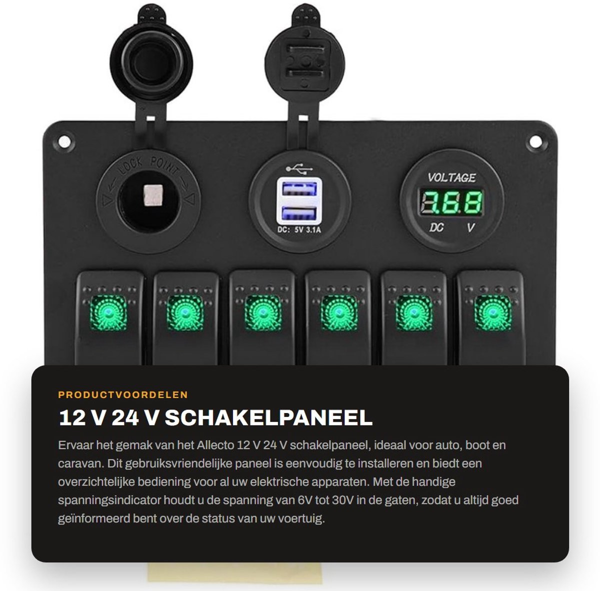 Dailygoods - 12 V 24 V Schakelpaneel - LED Rocker Switch - Dual USB - Groen - Voltmeter - Geschikt voor Auto Boot Caravan - 6 Gang