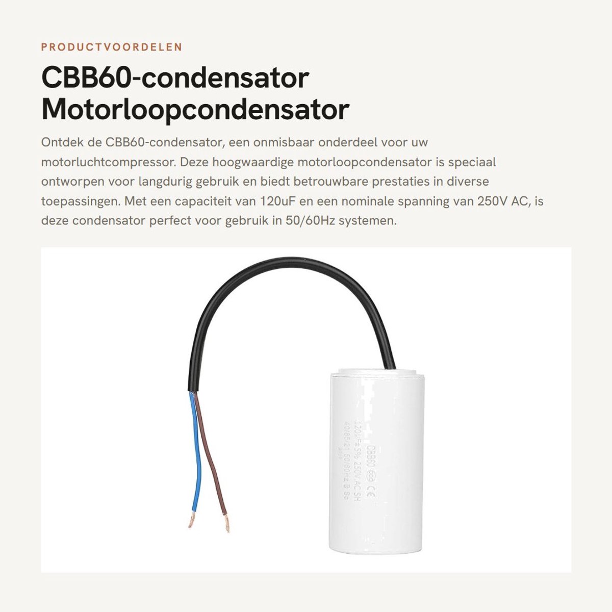 Dailygoods - CBB60-condensator - Motorloopcondensator 120uF - Betrouwbare isolatie - Wit - AC-condensator 250V - Geschikt voor luchtcompressor - 50/60Hz