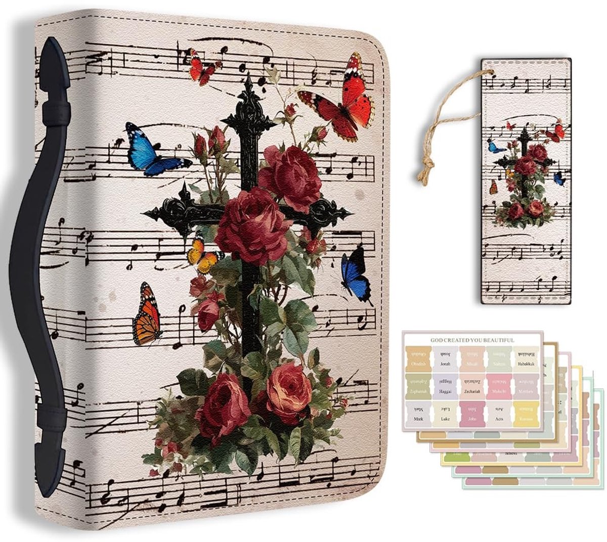 Dailygoods- Bijbelcover Groot Formaat - PU Lederen Bijbelhoes - Draagtas voor Vrouwen/Mannen - Muziekontwerp met Kruis/Roos - Inclusief Boekenlegger/Index Stickers - Vintage/Romantische Esthetiek