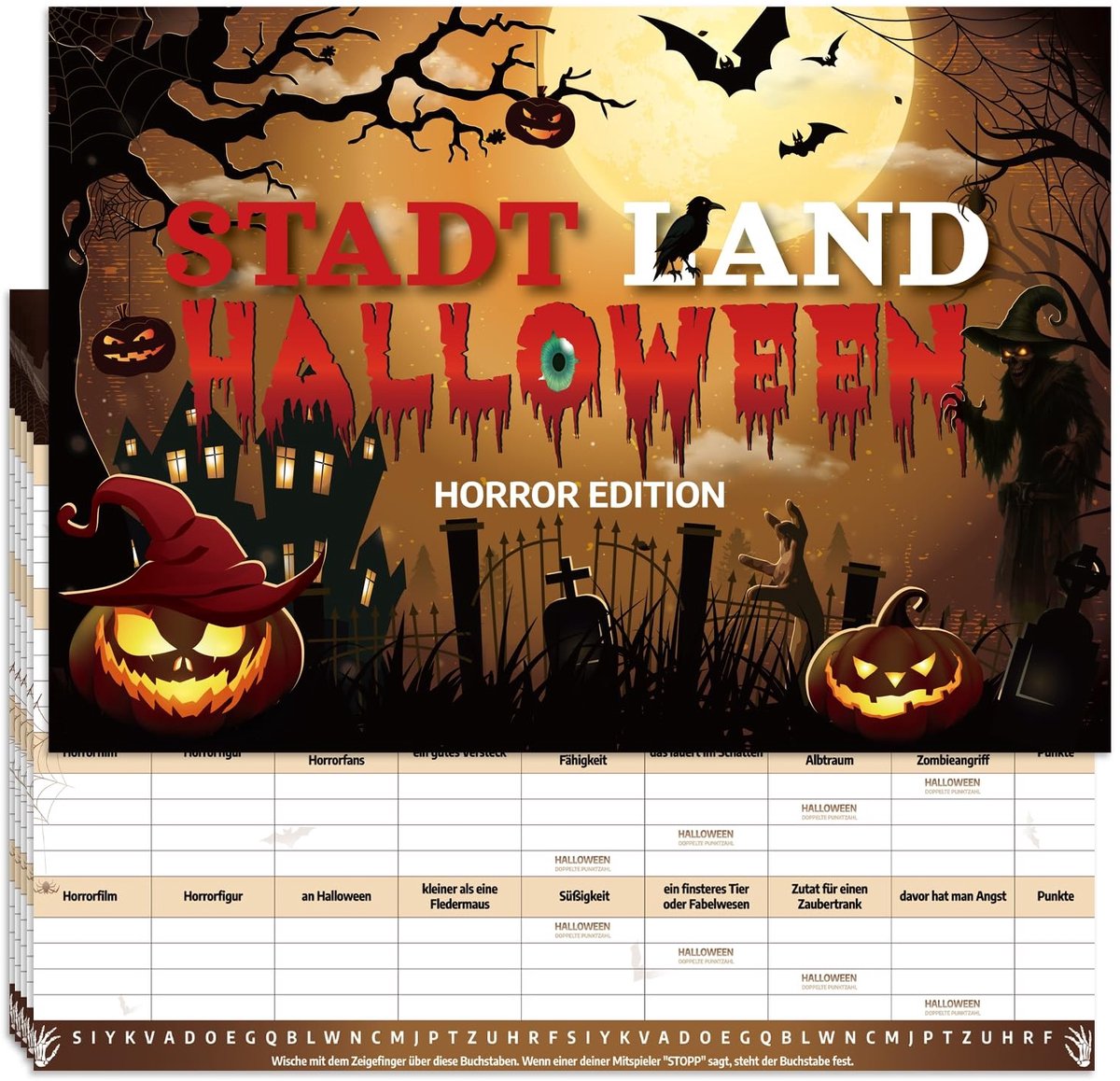 Dailygoods- Stad Land Spel Horror-editie - Party Spel - Party Spellen Volwassenen - 20 Vellen - DIN A4 - Hoogwaardig Papier - Partyspel