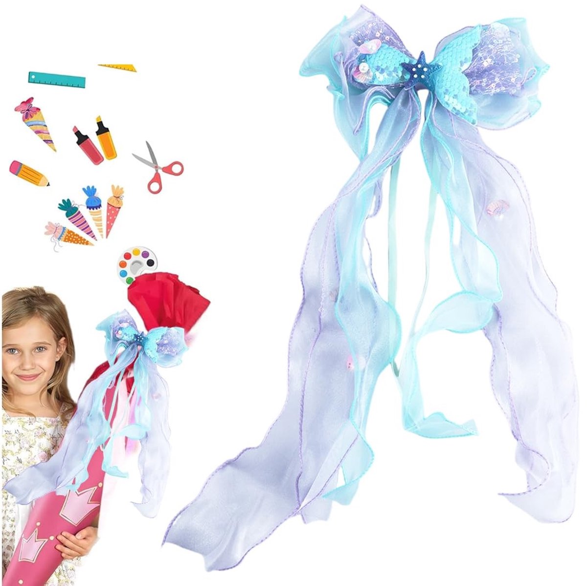 Dailygoods- Snoepzakje Uniek Ontwerp - Strik - Schooldecoratie - Meisjes - Driedimensionale Zeemeerminstaart - 40 x 20 cm - Decoratiestrik