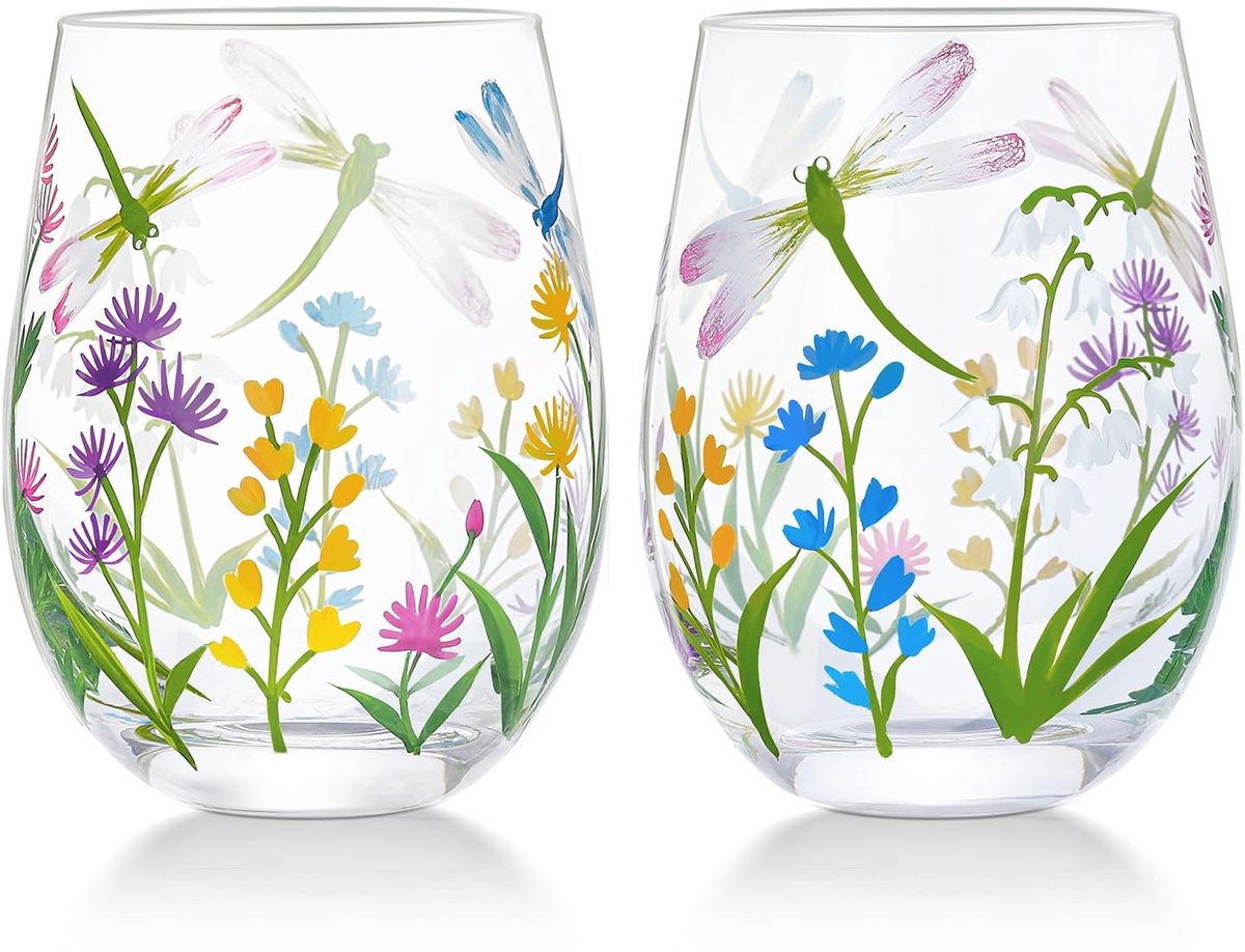 Dailygoods- Wijnglas Handgeschilderd 18oz - Set van 2 - Tumbler - Dragonfly Garden - Uniek Design - Hoogwaardige Kwaliteit