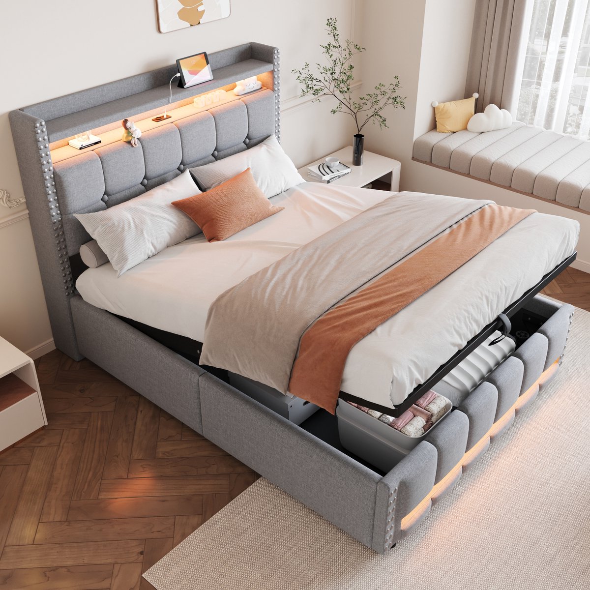 DESMIU Gestoffeerd Bed 140x200 cm – Tweepersoonsbed Met LED-Verlichting En USB-Aansluiting – Hydraulische Opbergruimte – Voor Slaapkamer – Lichtgrijs – Zonder Matras
