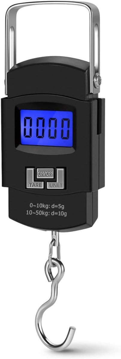 Draagbare bagageweegschaal (110 lb/50 kg) die ook als visweegschaal kan worden gebruikt, voorzien van een elektronisch LCD-scherm met achtergrondverlichting en een roestvrijstalen haak