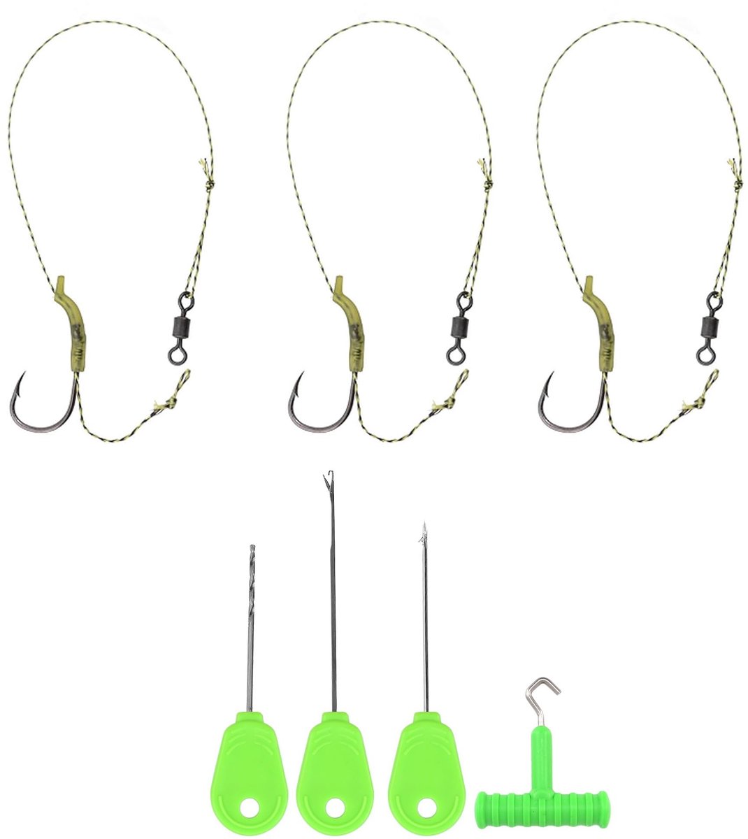 Dailygoods- Karperhaak Set - 3 Stuks Handgemaakte Vishaken - Gevlochten Vislijn - Boilie-Stoppers - Visgereedschap - Slijtvast en Duurzaam