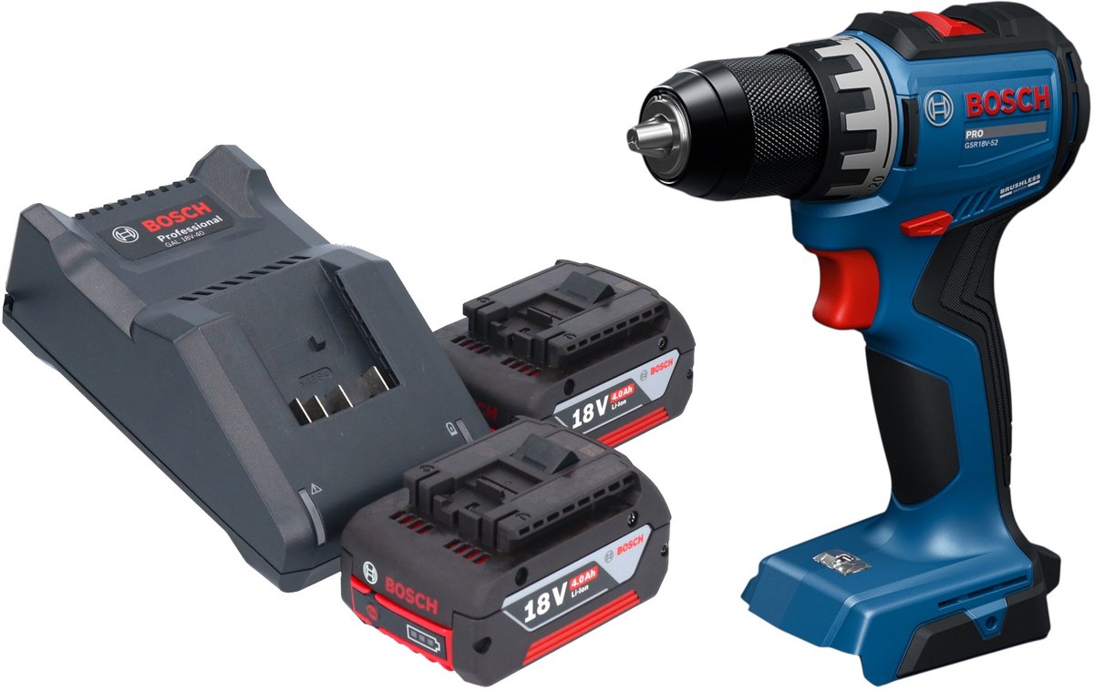 Bosch GSR 18V-52 Professional accuboormachine 18 V 70 Nm borstelloos + 2x accu 4,0 Ah + oplader
