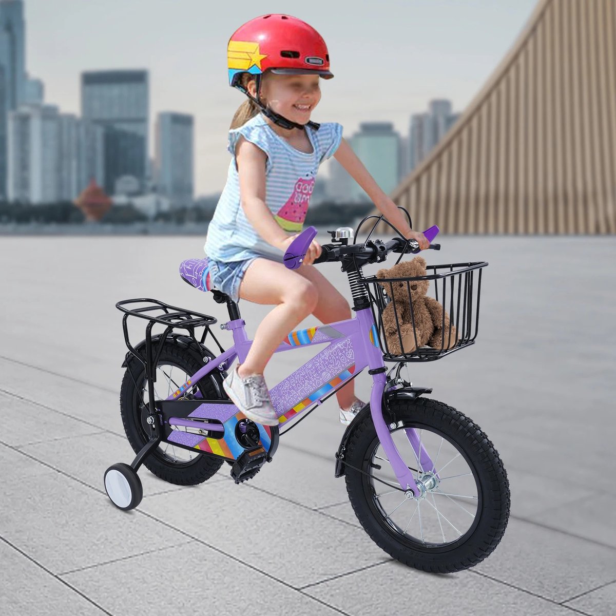 Dailygoods 14 inch kinderfiets verstelbare stoel kinderfiets belasting 50 kg met trainingswielen + mand + achterbank voo