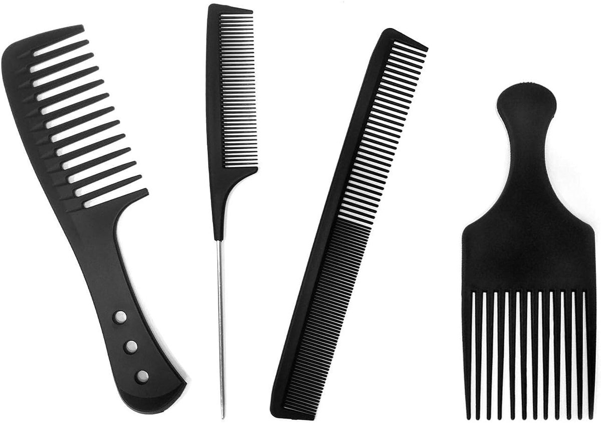Kapperskam Set - Haarkammen Antistatisch - Haar Stylen - Hittebestendig Koolstofvezel - 4 Delig - Zwart