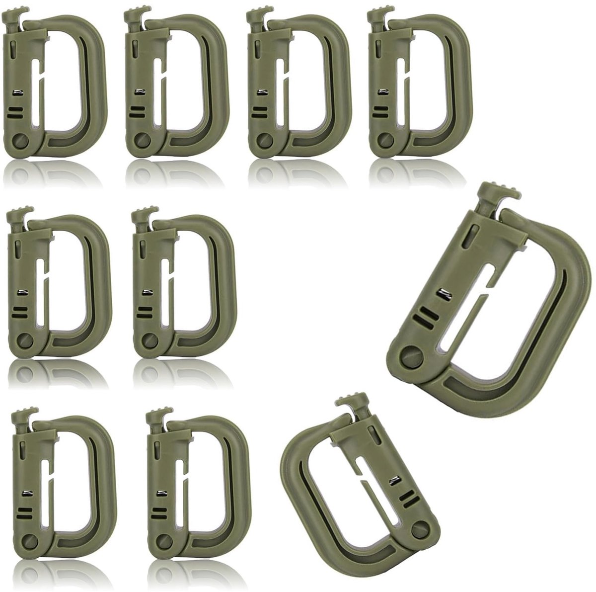 Dailygoods- Karabijnhaken D-vorm - Set van 10 stuks - Kunststof - Druktype - Legergroen - Hoog draagvermogen 10 kg - Haakjes