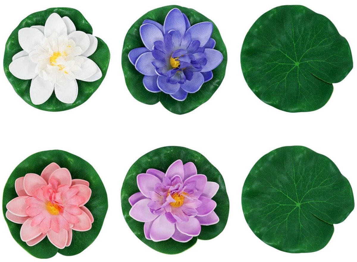 Dailygoods- Lotusbladeren 10 cm - Kunstmatig Drijvende Planten - Aquariumdecoratie - 2 Lotusbladeren + 4 Bloemen - Realistisch - EVA Materiaal