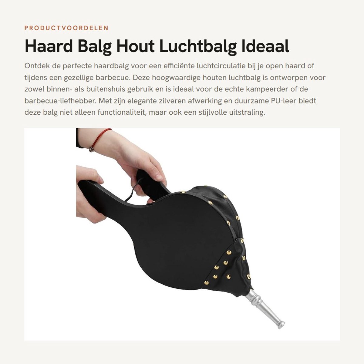 Dailygoods- Haardbalg Hout/Pu-leer - 39.5x18cm - Vuurbalg - BBQ/Grill - Outdoor - Luchtblazer - Haardblazer