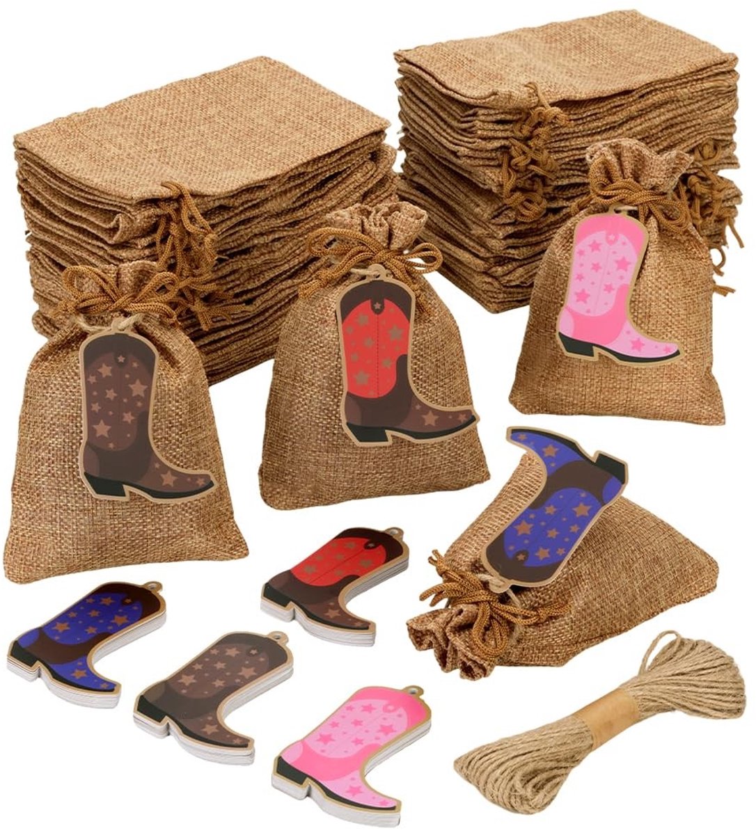 Dailygoods- Geschenkzakjes Herbruikbaar - 60 Stuks - Polyester/Jute - Cowboy Boot Tags - Westerse Stijl - 14,9 x 9,7 cm - Cadeautassen