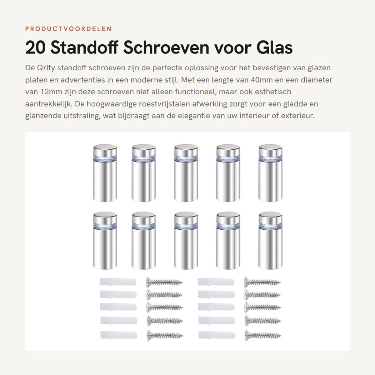 Dailygoods- Spreader Screws 20 Stuks - Roestvrij Staal - 12 x 40mm - Met Beugel/Schroeven - Voor Glas/Acryl - Duurzaam/Modern - Standoffs