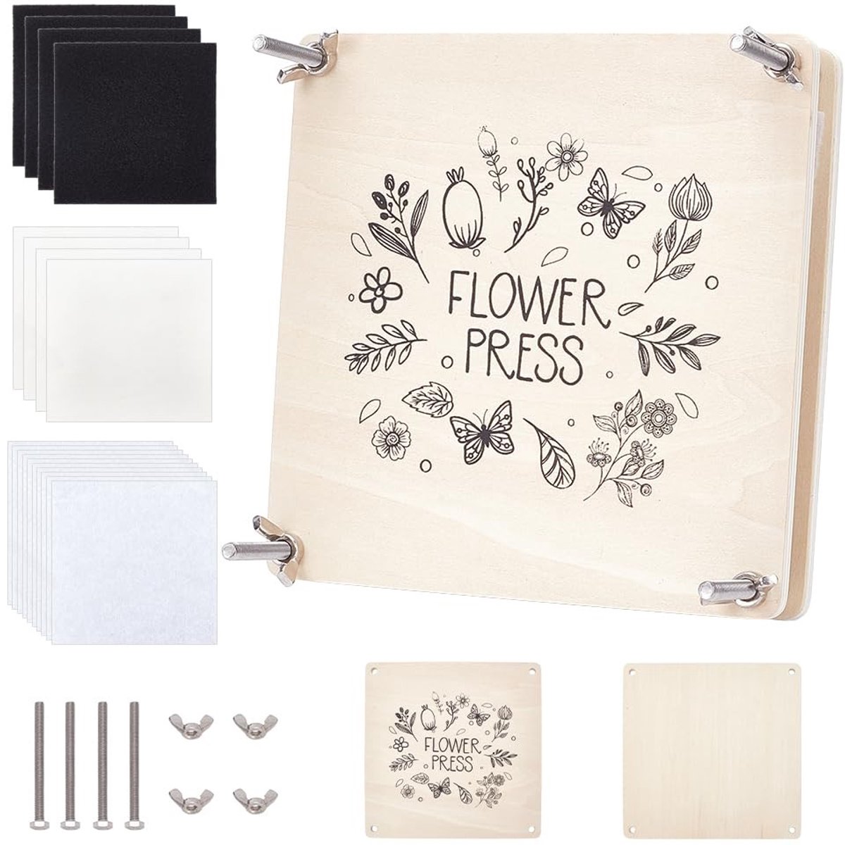 Dailygoods- Bloemenpers 18 x 18 cm - Plantenpersset - Houten Persplaten - 4 Lagen - Educatief Hulpmiddel - Voor Gedroogde Bloemen - Plantenpers