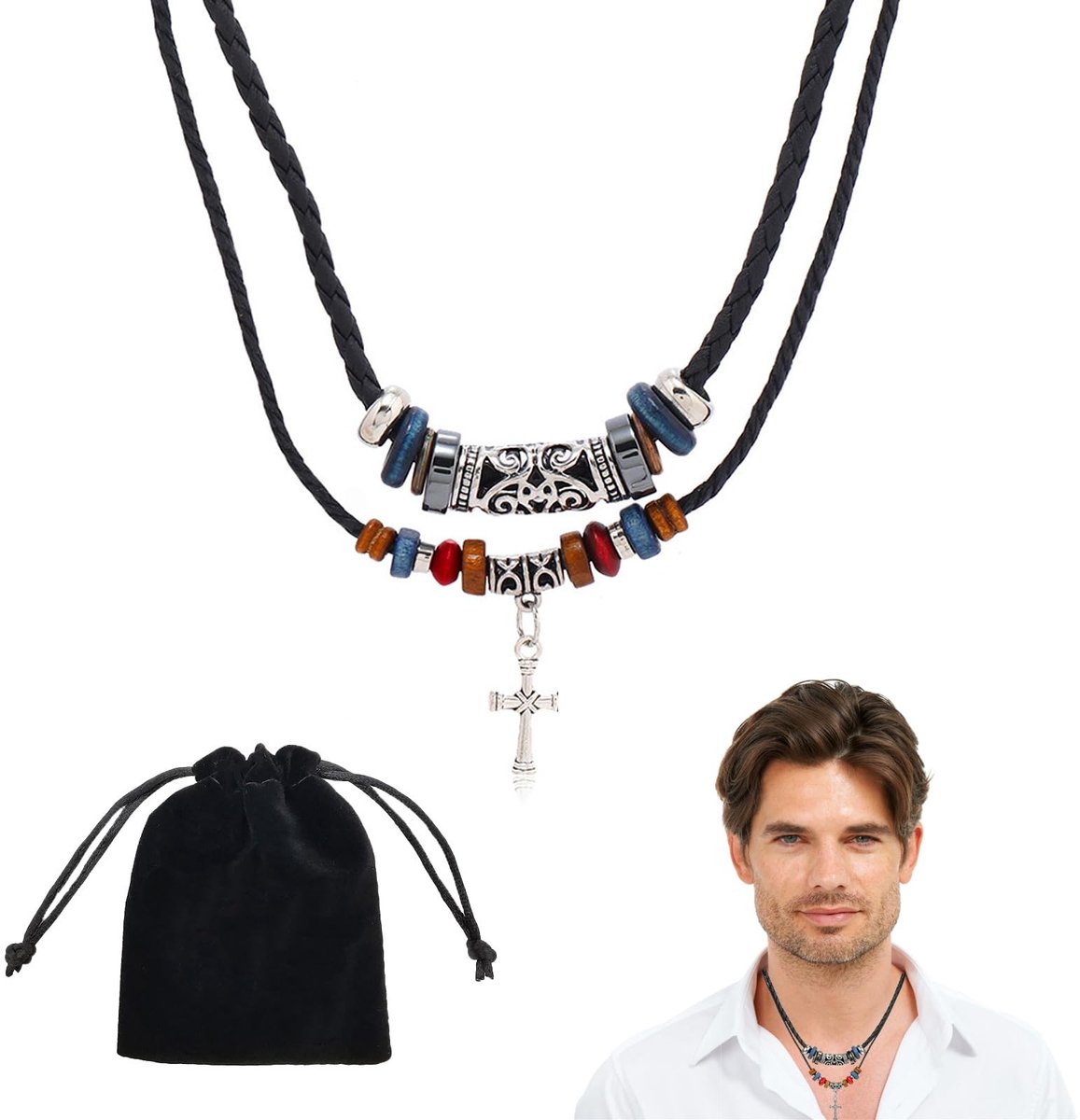 Dailygoods- Heren Ketting Leren Band - Heren Ketting met Hanger - Heren Ketting Stijlvol - Verstelbare Lengte 45 cm - Duurzaam en Comfortabel - Halsketting