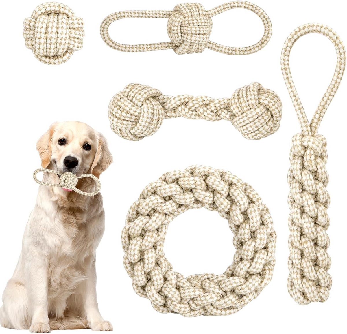 Hondenspeelgoed Set - Kauwspeelgoed Touwen - Honden Entertainment - Duurzaam Katoen Materiaal - 5 Stuks - Bruin