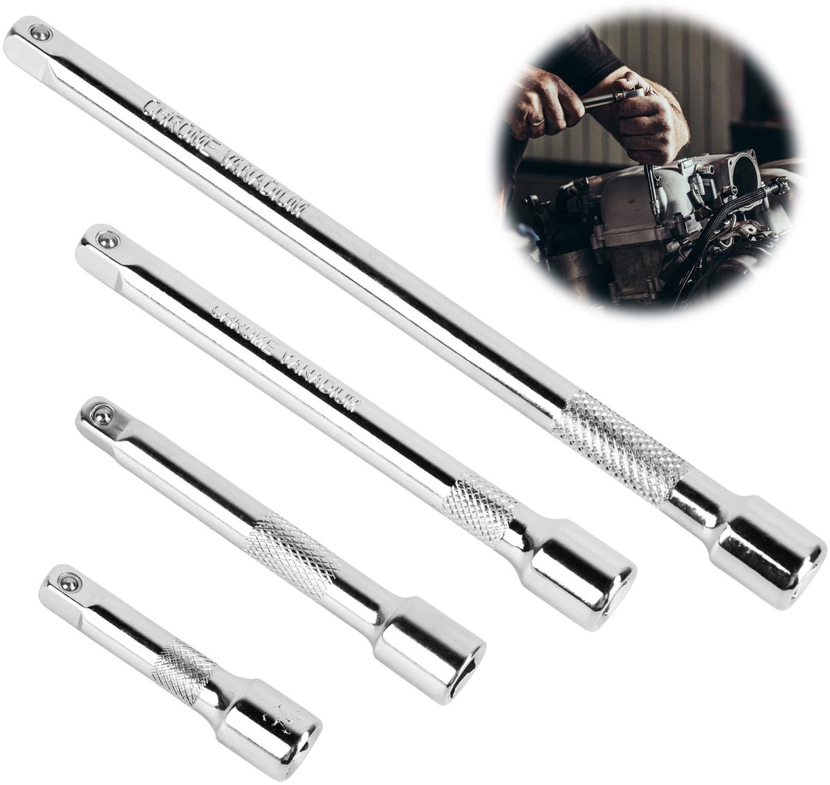 Dailygoods- Steeksleutelset 1/4 inch - Verlengstuk 50/75/100/150 mm - Chrome vanadium - Robuust en duurzaam - Handvat met ribbels - Verbeterde bereikbaarheid