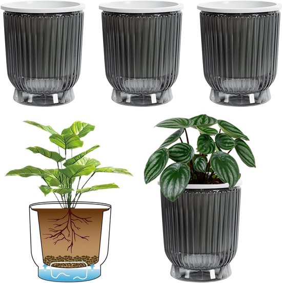 Zelfbewaterende Potten - Bloempotten Set - Planten Verzorgen - Automatisch Water Systeem - 4 Stuks - Grijs