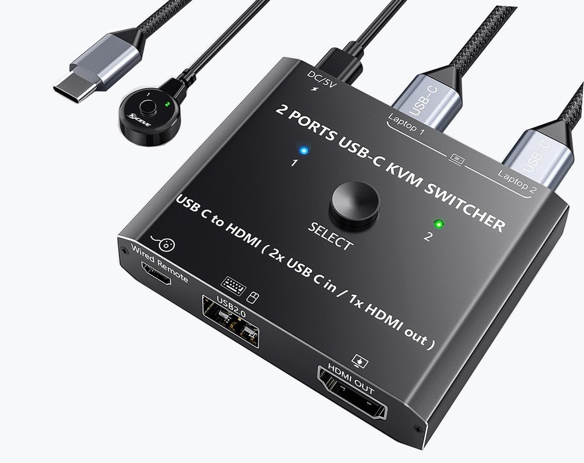 USB C KVM Switch 2 Poort - 1 Monitor Delen 4K@60Hz voor 2 Laptops met USB-C en HDMI