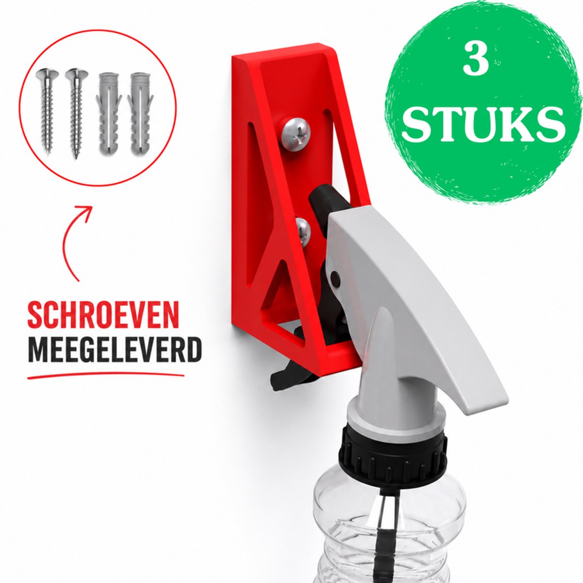 Universele Sprayfles Houder Set Van 3 - Wandmontage Sprayfles Organizer - Ophangsysteem Voor Schoonmaakflessen - Opberger Voor Garage Werkplaats Keuken En Schoonmaakruimte - 20MM En 30MM - Rood