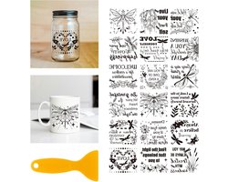GLOBLELAND 18 vellen libelle wrijven op overdracht 9,9 x 9,1 cm tekst bloemen huis stickers planten beker overdracht stickers voor meubels vaas glas kunst ambachten decoraties