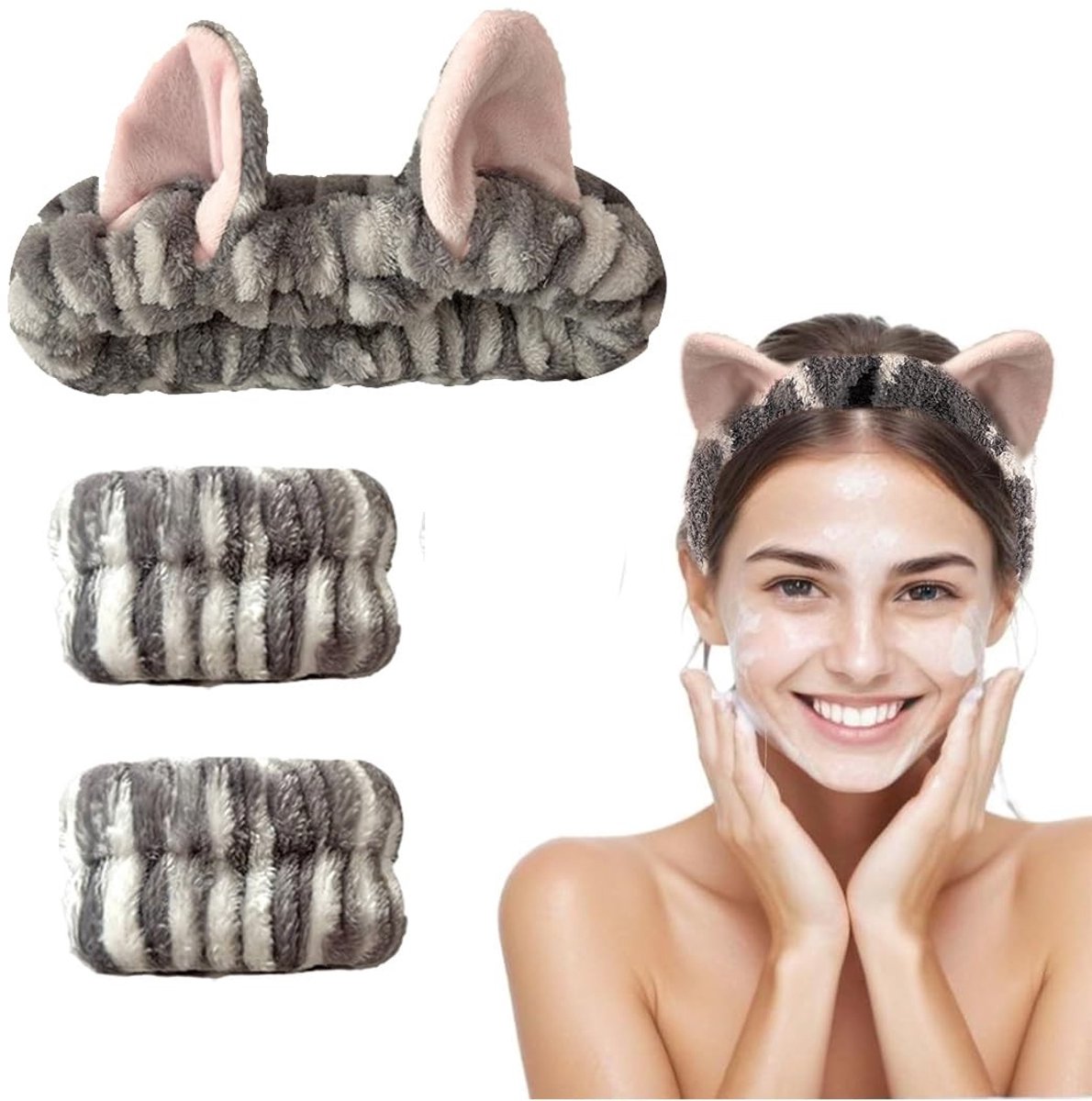 aladdien - Make-up Haarbandenset - Zachte Haarbanden met Kattenoren - Elastisch en Comfortabel - Set van 3 - Schoonheidsverzorging - Geschikt voor S...