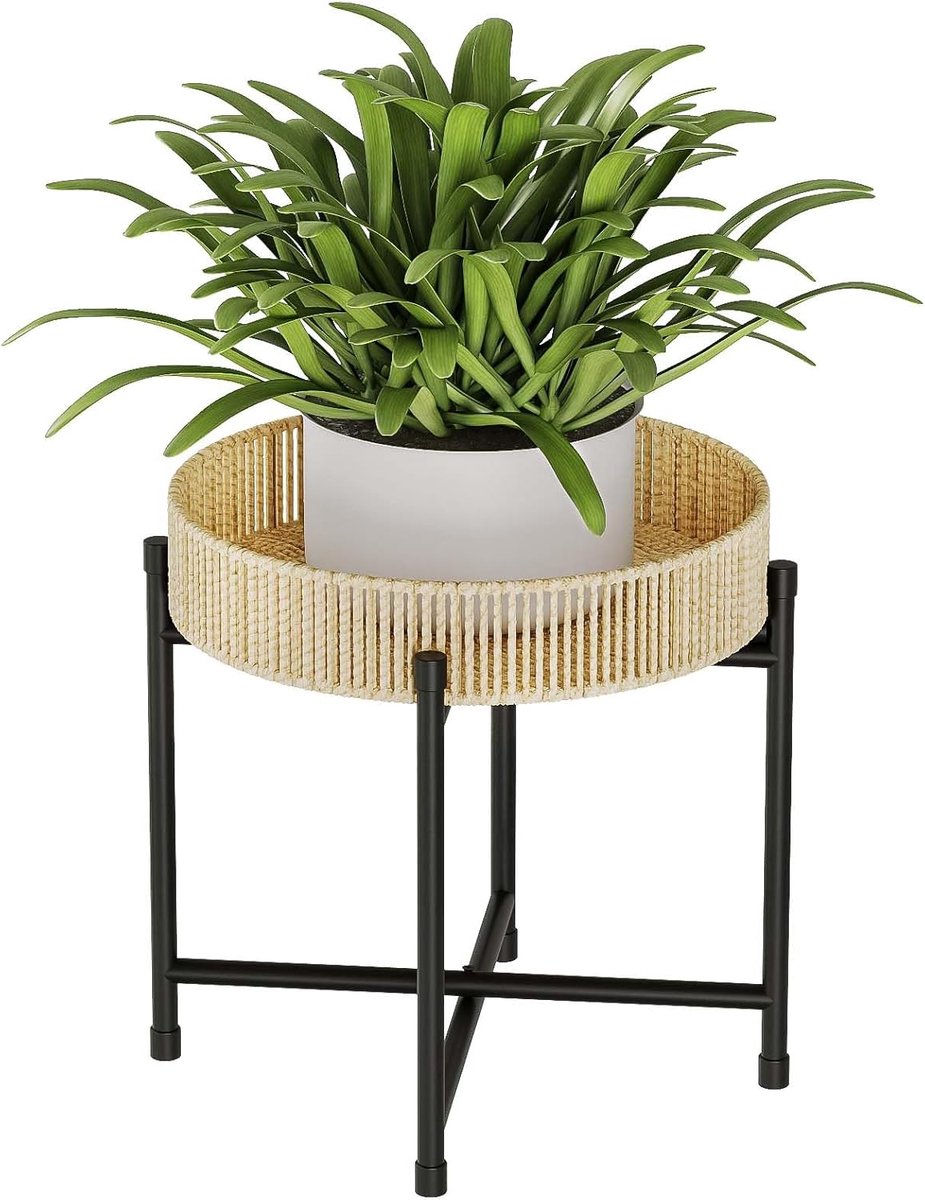 Famanu – Handgeweven touw bloemenstandaard, boho chique plantenstandaard, ronde rotan eindtafel voor stijlvolle bloemen displays
