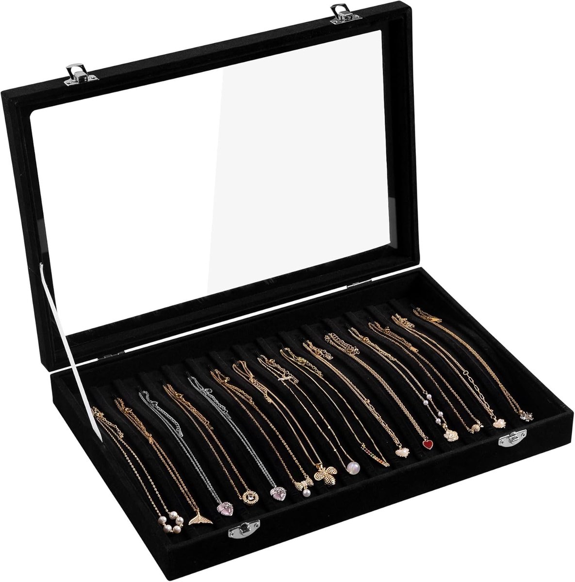 Famanu – Fluwelen ketting organizer met 15 haken en helder deksel, sieradenhouder voor kettingen en hangers, zwart