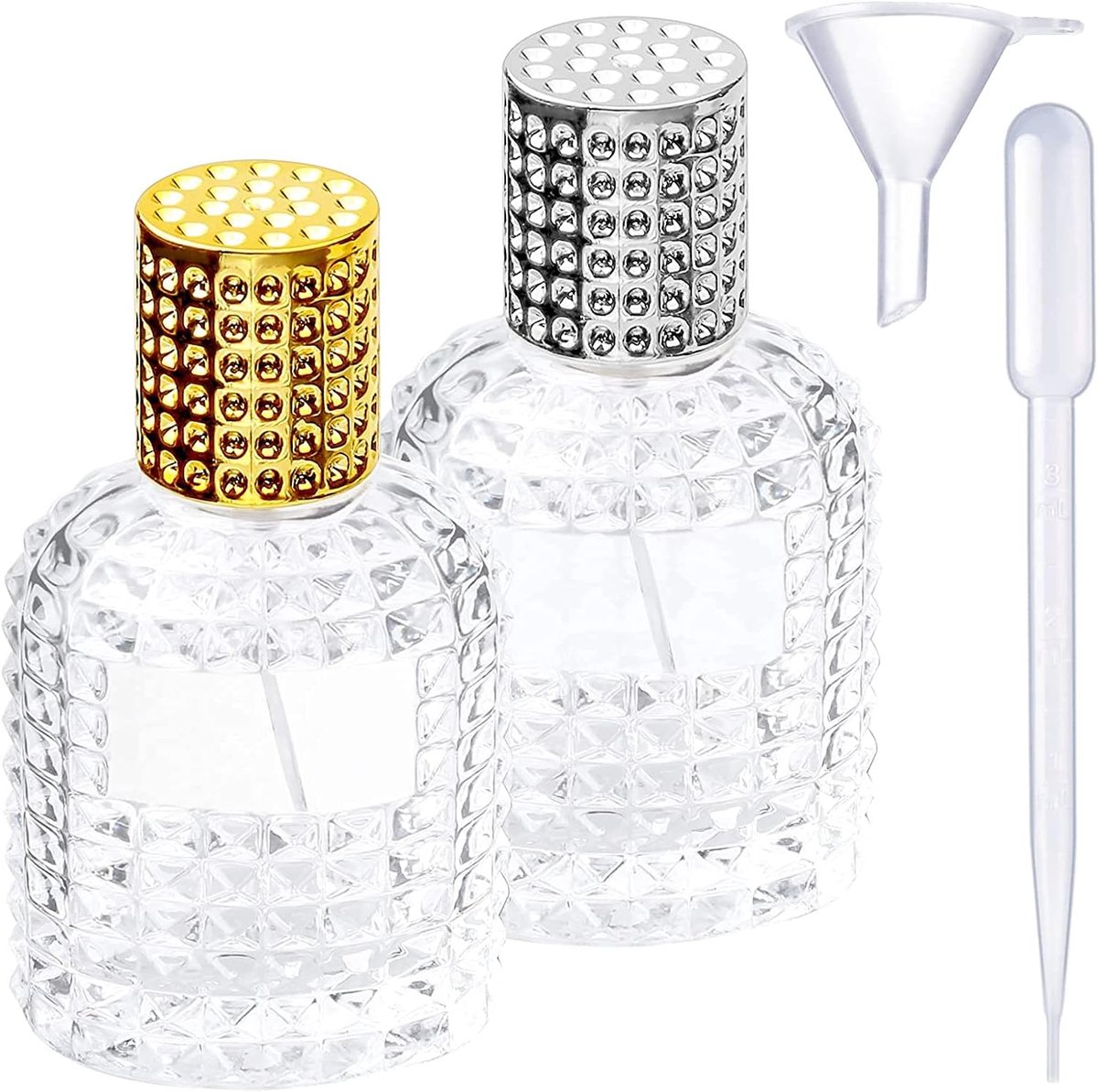 2 Stuks 50 ml Navulbare Parfumfles van Glas – Reisspray Parfumverstuiver – Ananasdesign – Transparant – Zilver & Goud