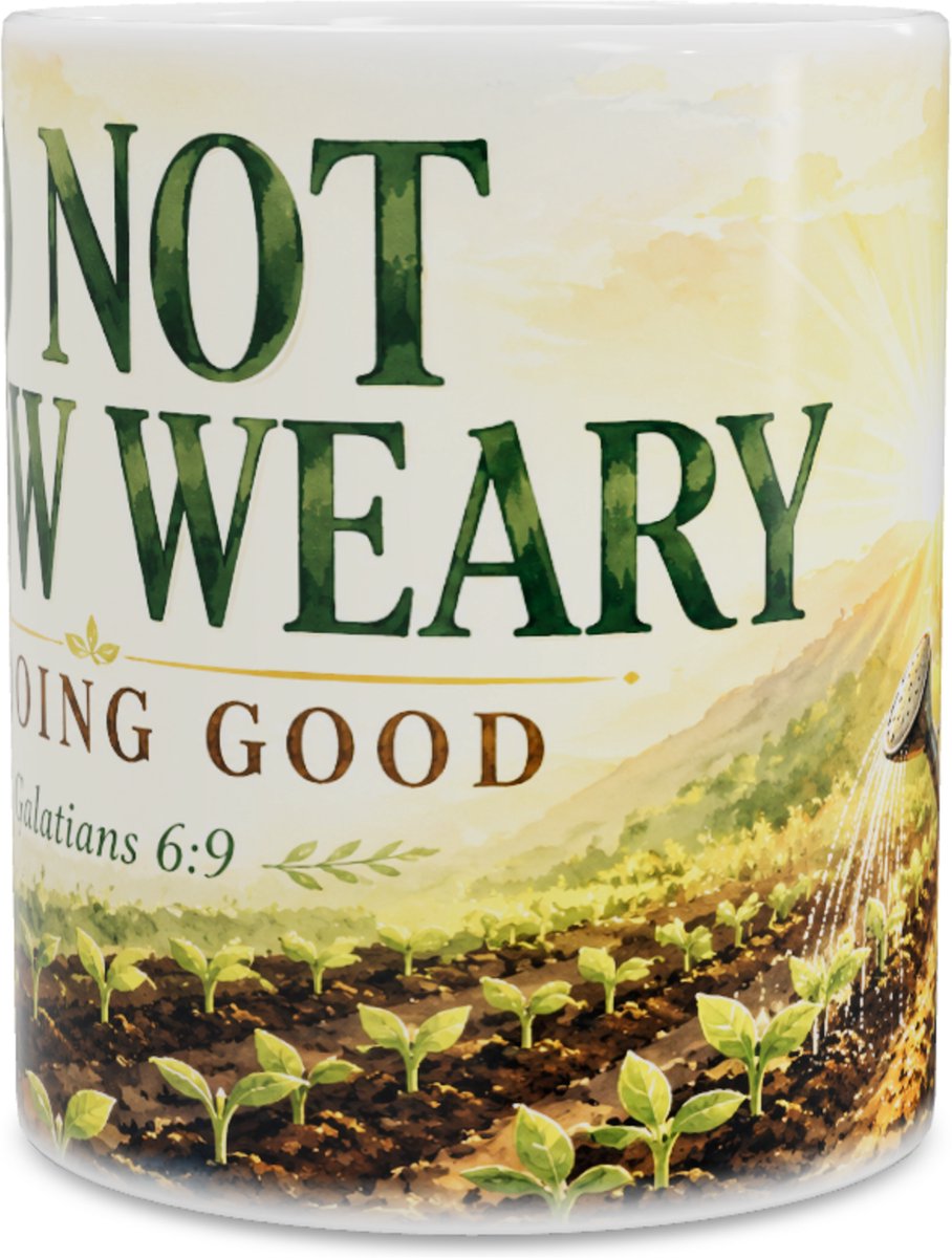 Mok Do Not Grow Weary In Doing Good - Galaten 6:9 Bijbeltekst - Rustieke moestuin met gieter en zonsopkomst - Motiverend Christelijk cadeau voor vrijwilliger