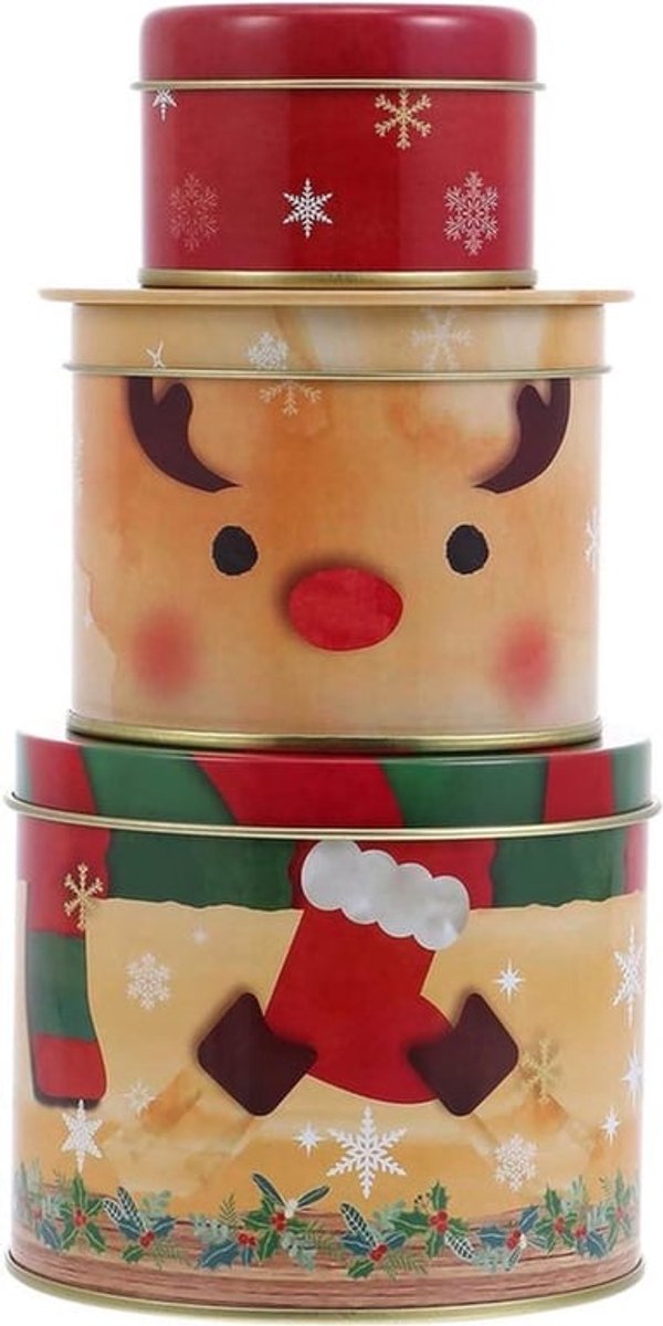 Kerst Set van 3 ronde metalen koekjesblikjes - ideaal als cadeau!
