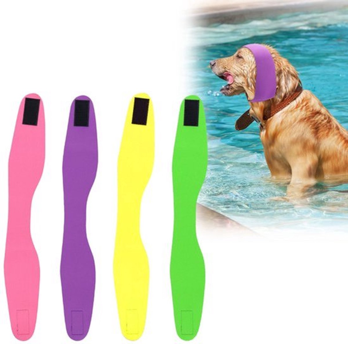 4x Hond Zwemcap - Waterdichte Snood - Oorwikkels in Paars, Roze, Geel, Fluorescent Groen