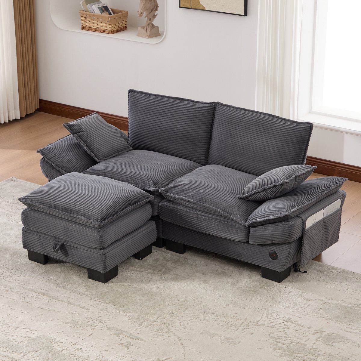 Modulaire 2-zits corduroy bank (met voetenbank) – brede zitting, ergonomisch ontwerp, vulling van schuim met hoge dichtheid, USB-C-poort en zijvakken. Ideaal voor de woonkamer, het kantoor of de lounge. Donkergrijs
