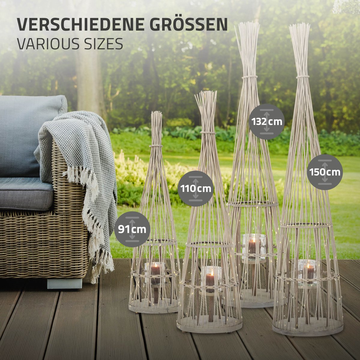 ECD Germany Bamboe lantaarn decoratieve houten windlicht serie grote kaarsenhouder van 132 cm hoog, sfeervolle led lichtketting met glazen inzetstuk luxe boho stijl tuinlantaarn gevlochten look moderne decoratie voor binnen buiten terras en woonkamer — cadeau in Wonen & Interieur - foto 6