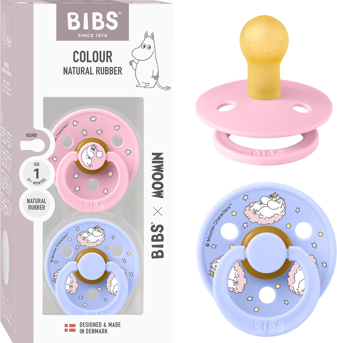 Moomin x BIBS Colour Fopspeen - 0-6 mnd - 2-pack - Rond - Baby Pink/Hush