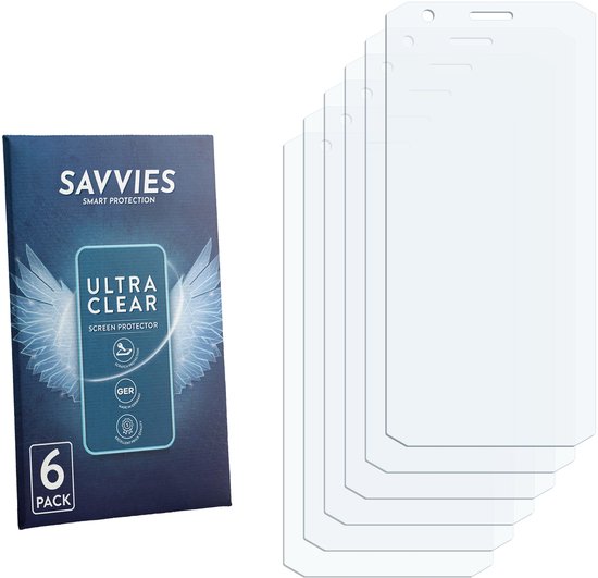 Zes transparante screenprotectors en een doosje Savvies 'Ultra Clear' Screen Protector met een afbeelding van gevleugelde glazen.
