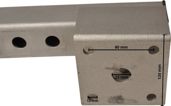 Zilverkleurige metalen steunpoot met afmetingen 80 mm, 120 mm en 12 mm.