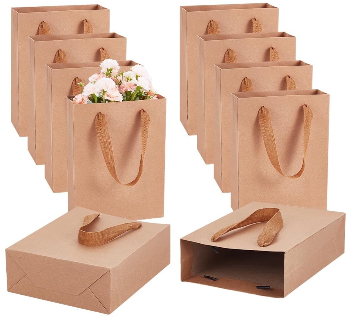 SPHProducts - Papieren Boodschappentassen - 10 Stuks - Stevige Handvatten - Bruin - Kraftpapieren Zak - Perfect voor Verpakking - Verjaardag en Bruilo