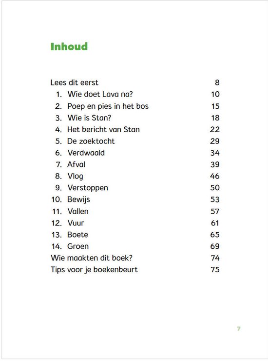 Inhoudsopgave van een boek met titels als 'Wie is Stan?' en 'Groen'.